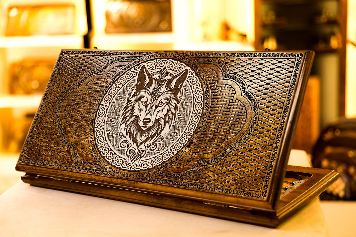 Handmade Backgammon Board Wolf Design – Armenian 2-in-1 Checkers & Backgammon Wooden Game Set