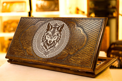 Handmade Backgammon Board Wolf Design – Armenian 2-in-1 Checkers & Backgammon Wooden Game Set