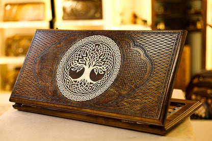 Handmade Wooden Backgammon Board “Tree of Life” – Armenian 2-in-1 Checkers & Backgammon Game Set