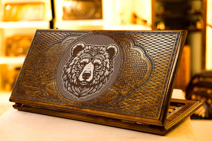 Handmade Wooden Backgammon “Bear Design” – Armenian 2-in-1 Game Set