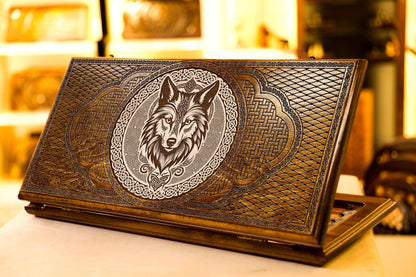 Handmade Backgammon Board Game Set Wolf Design – Armenian 2 - in - 1 Wooden Nardi - AsatryansBrand