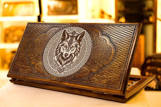Handmade Backgammon Board Game Set Wolf Design – Armenian 2 - in - 1 Wooden Nardi - AsatryansBrand