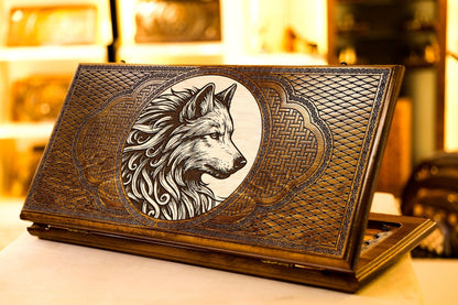 Handmade Wooden Personalized Backgammon Game Set “Beautiful Wolf” - AsatryansBrand